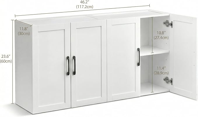 Wall Cabinet with Adjustable Shelves, Laundry Room Cabinet with 4 Doors, Kitchen Storage Cupboard Cabinet, Wall Mount Medicine Cabinet for Bathroom, Living Room, White