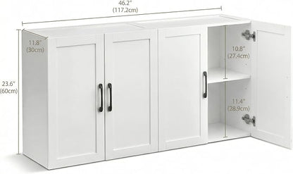 Wall Cabinet with Adjustable Shelves, Laundry Room Cabinet with 4 Doors, Kitchen Storage Cupboard Cabinet, Wall Mount Medicine Cabinet for Bathroom, Living Room, White
