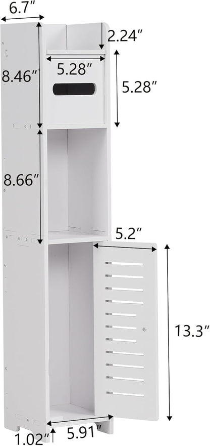 VECELO Storage Cabinet for Small Spaces,Skinny Toilet Paper Holder Stand with Anti-Drop Fence and Roller Storage, White