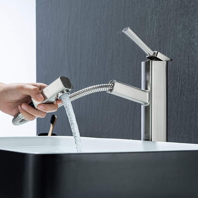 KAIYING Pull Down Vessel Sink Faucet, Single Handle Tall Bathroom Faucet with Pull Out Sprayer, Single Hole High Vanity Basin Mixer Tap, Lavatory Utility Sink Faucets (Tall, Brushed Nickel)