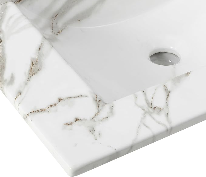 JONATHAN Y SNK1001C Ancillary 3-Hole 24 in. W x 18.25 in. D Classic Contemporary Rectangular Ceramic Single Sink Basin Vanity Top, White Marble Effect