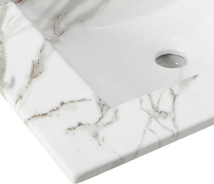JONATHAN Y SNK1001C Ancillary 3-Hole 24 in. W x 18.25 in. D Classic Contemporary Rectangular Ceramic Single Sink Basin Vanity Top, White Marble Effect