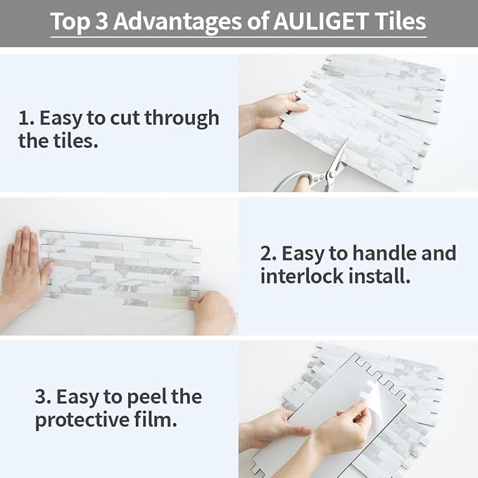 AULIGET 20 Sheets White Stone Peel and Stick Backsplash, PVC Mixed Metal Silver Wall Tile Stick on Backsplash for Kitchen and Bathroom