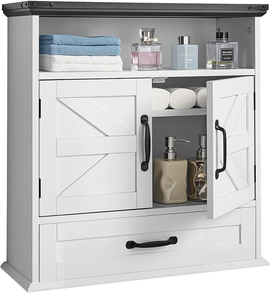 VEVOR Bathroom Wall Cabinet, 24" W x 25" H Storage Medicine Cabinet Wall Mounted, Hanging Organizer with Drawer & Open Partition for Laundry Room Kitchen Restroom, White