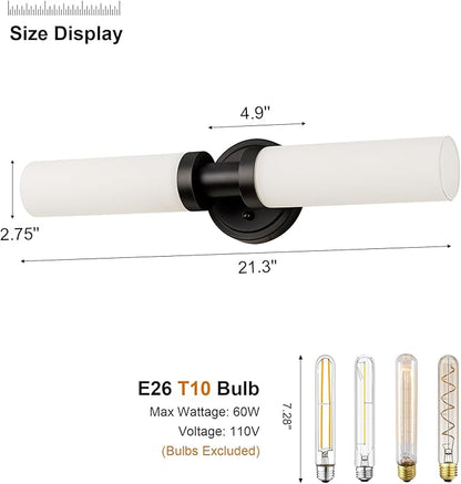 Black Bathroom Light Fixtures, 2-Light Wall Sconces Lighting W/White Glass Shade, Modern Vanity Lights for Mirror, Wall Mounted Lamp, E26 T10 Bulbs(Excluded)