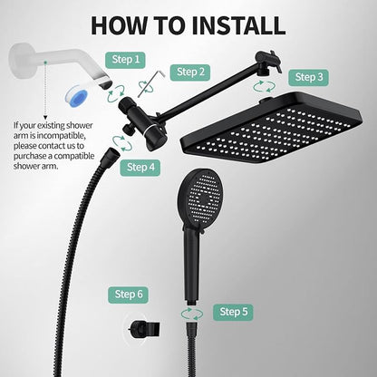 12 Inch Wide Rain Shower Head with Filtered Handheld Combo, High Pressure Rainfall Shower Head, 9 Spray Modes Handheld with 9-Inch Extension Arm, Comes with Filter Removes Chlorine(Black)