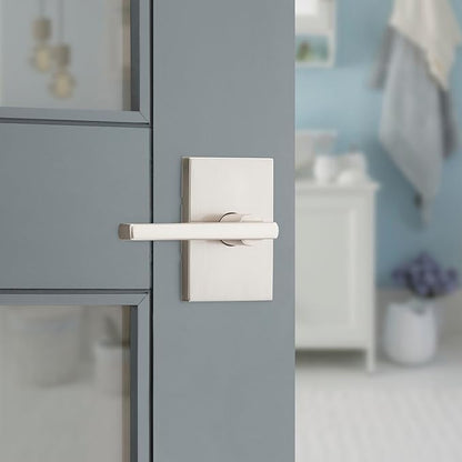 Kwikset Halifax Interior Privacy Door Handle with Lock, Door Lever For Bathroom and Bedroom, Satin Nickel Reversible Keyless Push Button Lock Door Lever, with Microban Protection