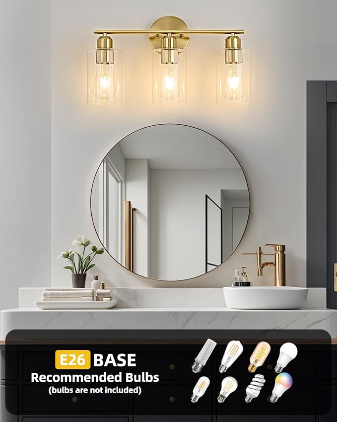 3-Light Bathroom Light Fixtures, Gold Bathroom Vanity Lights, Bathroom Lighting Fixtures Over Mirror with Clear Glass Shade, Wall Sconce Light for Bedroom, Living Room and Hallway
