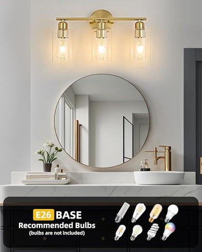 3Light Modern Vanity Lights - Gold, Clear Glass Shade, Wall Sconce for Bathroom & Bedroom, 2 Pack