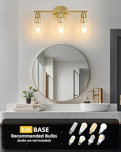 3-Light Bathroom Light Fixtures, Gold Bathroom Vanity Lights, Bathroom Lighting Fixtures Over Mirror with Clear Glass Shade, Wall Sconce Light for Bedroom, Living Room and Hallway