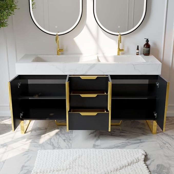 KunMai 59" Black Freestanding Bathroom Vanity with Faux Marble Top, Double Ceramic Vessel Sinks, Floor-Standing Design, 3 Drawers for Storage, Modern Bathroom Cabinet with Gold Hardware Finish