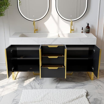 KunMai 59" Black Freestanding Bathroom Vanity with Faux Marble Top, Double Ceramic Vessel Sinks, Floor-Standing Design, 3 Drawers for Storage, Modern Bathroom Cabinet with Gold Hardware Finish