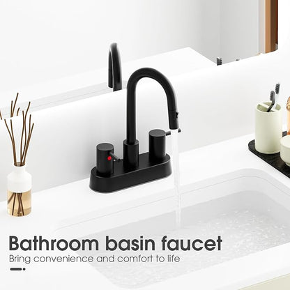 Stainless Steel Matte Black Bathroom Faucet with Pull Out Sprayer, Black Dual-Function Spout Bathroom Sink Faucet, 4 Inch Two Handle Utility Sink Faucet with Sprayer 3 Hole, Pet Shower, RVs