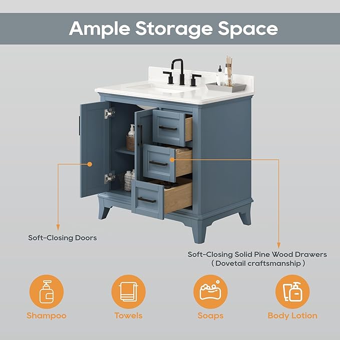 36 Inch Bathroom Vanity with Sink, Bathroom Storage Cabinet with Soft Closing Doors & Dovetail Drawers, Adjustable Feet, Solid Wood Frame, Steel Blue