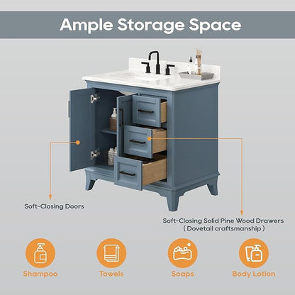 36 Inch Bathroom Vanity with Sink, Bathroom Storage Cabinet with Soft Closing Doors & Dovetail Drawers, Adjustable Feet, Solid Wood Frame, Steel Blue