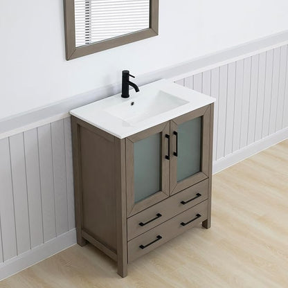 Vanity Art 30" Single Sink Bathroom Vanity with 1 Mirror, Ceramic Top Cabinet Compact Set with 2 Dovetail Storage Drawers and Matte Black Handles, Dark Grey, VA3030-DG