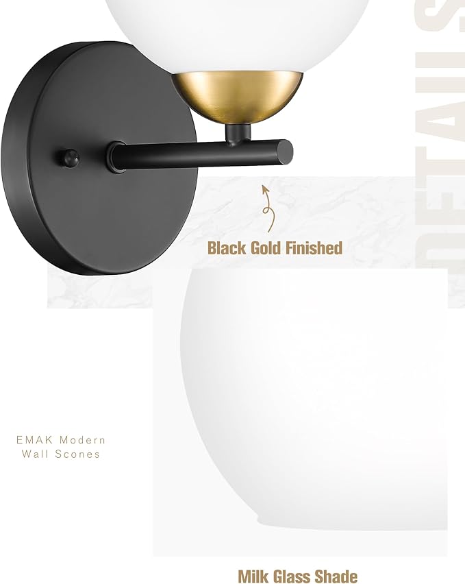 Emak Modern Sconces Wall Decor Set of 2, Black Gold Bathroom Vanity Light with Milk Glass Shade, Globe Wall Lamp for Living Room, Pictures, Bedroom, Bathroom, Hallway, WS114-BKBGD-ML-2PK