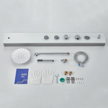 MENATT White Glass Shower Panel Tower System, 304 Stainless Steel and Glass 4 in 1 Shower Tower System with 9-inch Shower Head, 3 Body Massage Jets, Handheld Shower and Tub Spout