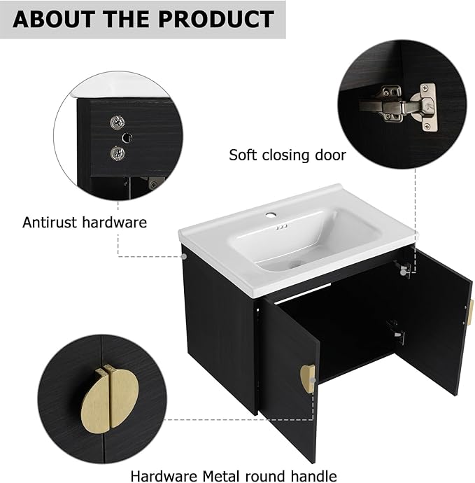 28inch Wall Mount Bathroom Vanity w/Sink Combo for Small Space, Ceramic Countertop Double Doors Modern Bathroom Vanity Cabinet, Floating Black Bathroom Vanity and Sink Set w/Gold Handle