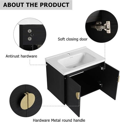 28inch Wall Mount Bathroom Vanity w/Sink Combo for Small Space, Ceramic Countertop Double Doors Modern Bathroom Vanity Cabinet, Floating Black Bathroom Vanity and Sink Set w/Gold Handle