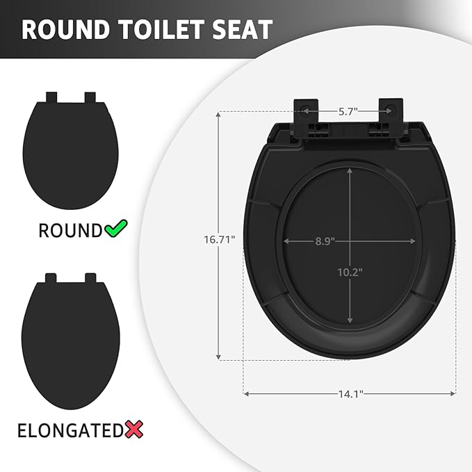 Toilet Seat Round 16.5 Inch with Quick Release-Quick Connect. White Round Toilet Seat with Soft Close. PP Material Safe, Easy Clean and Install, Sturdy Accessories Never Loosen,2 Years Support, Black