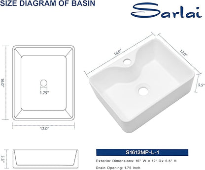 Sarlai Vessel Sink Rectangular - 16"x12" Rectangle Vessel Sink White Ceramic Porcelain Above Counter Bathroom Vanity Lavatory Restroom Bathroom Vessel Sink Basin