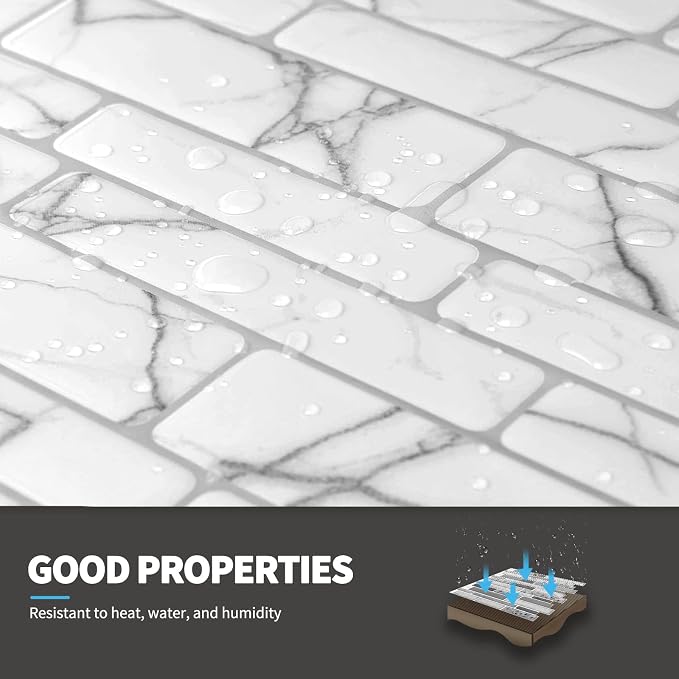 Art3d Stone Peel and Stick Backsplash, 10-Sheet, 12" x 12", White Marble | Lightweight, Self Adhesive, Moisture Resistant, Easy to DIY, Modern Style, for Kitchen, Bedroom, Ideal for New Home Buyers