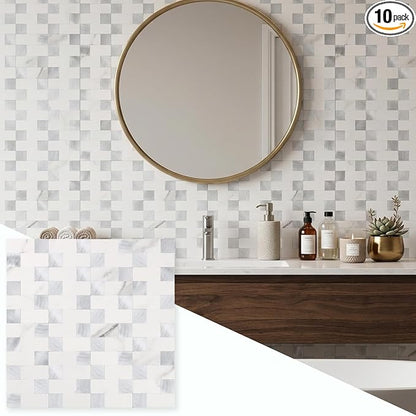 Yipscazo Peel and Stick Backsplash Tile, Stick on Stainless Steel Backsplash Metal Tiles for Kitchen Walls in Marble White Mixed Silver Metal (12''x12'',10 Sheets)