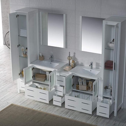 Blossom 102 Inch Bathroom Vanity with Linen Tower, Glossy White | Solid Wood, Extra Wide Double Sink, Modern European Design, Moisture Resistant Painted Finish, Includes 2 Mirror Cabinets
