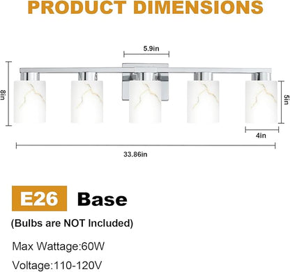 5-Light Bathroom Light Fixtures, Modern Vanity Lights, Chrome Metal Wall Lamp with White Marble Glass for Bathroom, Mirror, Living Room, Bedroom, Cabinet, Porch, Hallway, E26 Base