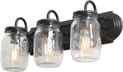 LALUZ Bathroom Vanity Light Fixtures, 3-Light Black Mason Jar Vanity Lights for Bathroom, 19'' Farmhouse Bathroom Lights Over Mirror