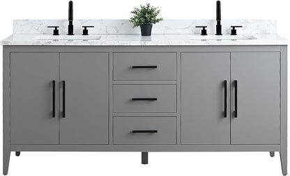 Vanity Art 72 inch Bathroom Vanity with Double Sink & Ceramic Top, Vanity Cabinet with Soft-Closing Doors, Drawers, Solid Wood Frame, Cashmere Gray, Matte Black Handware