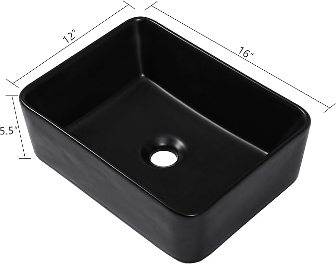 16"x12" Black Bathroom Vessel Sink Rectangular - Matte Black Porcelain Ceramic Rectangle Above Counter Vanity Lavatory Bath Sink Art Basin