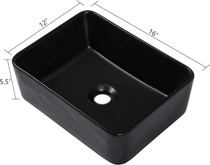 16"x12" Black Bathroom Vessel Sink Rectangular - Matte Black Porcelain Ceramic Rectangle Above Counter Vanity Lavatory Bath Sink Art Basin