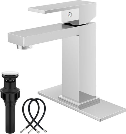 Midanya Bathroom Faucets 1 Hole, Single Handle Stainless Steel Bathroom Sink Faucet, Modern Vanity Faucets with Deck Plate,Water Supply Hoses and Pop Up Drain,Polish Chrome