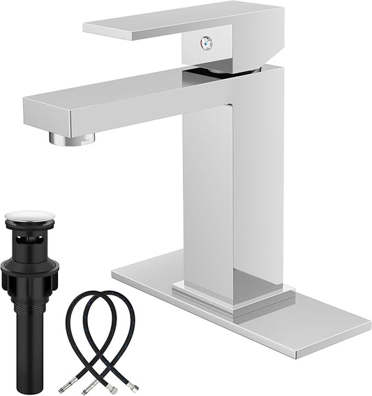Midanya Bathroom Faucets 1 Hole, Single Handle Stainless Steel Bathroom Sink Faucet, Modern Vanity Faucets with Deck Plate,Water Supply Hoses and Pop Up Drain,Polish Chrome