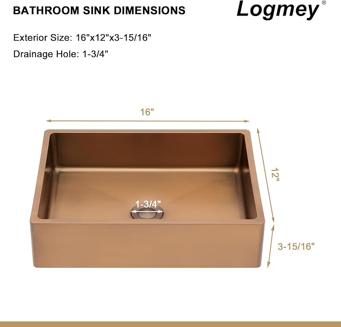 Logmey 16" Rose Gold Shallow Bathroom Vessel Sink 16x12 Handmade 16 Gauge Stainless Steel Above Counter Rectangle RV Bathroom Sinks with Pop up Drain Set