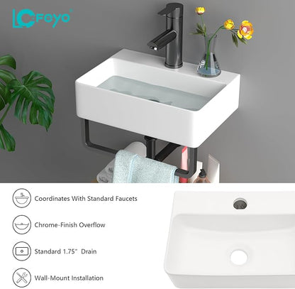 Floating Bathroom Sink Wall Mounted - 14"x10" Rectangular Vessel Sink With Black Faucet & Drain Combo Small Modern White Ceramic Porcelain Vessel Vanity Sinks