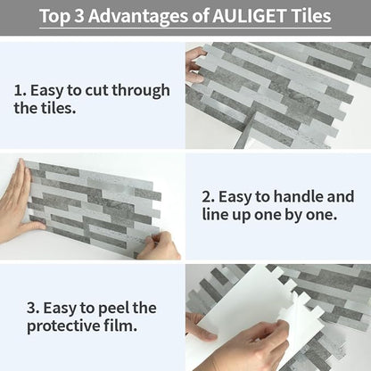 AULIGET 20 Sheets Faux Stone Peel and Stick Backsplash, Grey Slate Look PVC Wall Tile Stick on Backsplash for Kitchen and Bathroom