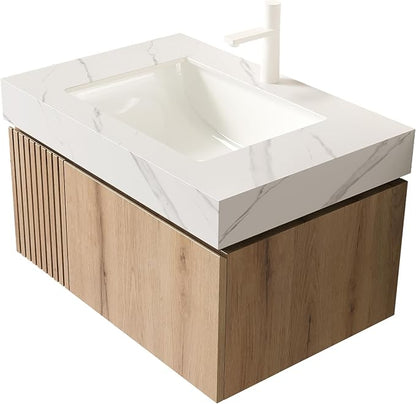 KEIKI 30 Inch Floating Bathroom Vanity with Sink, White Oak & White | Modern Wall Mounted Storage Cabinet w/ Drawer & Door, Pre-assembled Wood Panels, Sintered Stone Top & Ceramic Basin Combo Set