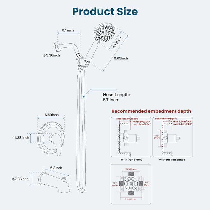 gotonovo Tub Shower Faucet Set with Valve 6 Mode Handheld Polished Chrome | Bathtub Faucet Set,6 Mode ABS Handheld Spray,6.3’’ Metal Tub Spout,Brass Valve Trim Kit,Shower Head and Handle Kit,Wall Mount