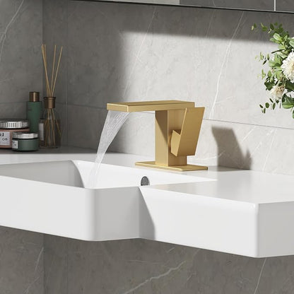 Hoimpro Bathroom Faucet 1 Hole, Single Handle Sink Faucets Brushed Gold | Widespread Vanity Faucet with 6 Inch Deck Plate Pop-up Drain & cUPC Supply Line Stainless Steel, for Vanity RV Restroom