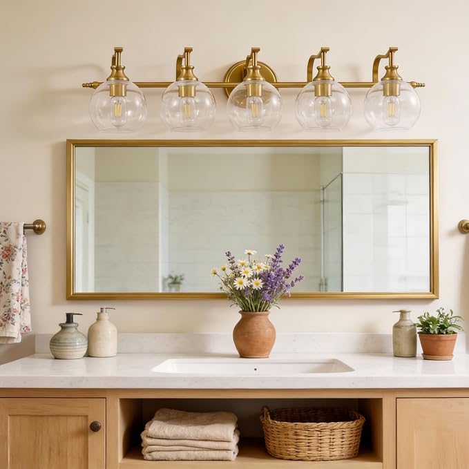 Brushed Gold Bathroom Light Fixtures, 5-Light Vanity Lights for Mirror, 35 Inch Modern Wall Sconces Lighting with Globe Clear Shade Up or Down Wall Mounted for Bedroom, Living Room, Hallway