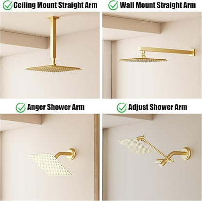 10 In Rain Shower Head High Pressure Rainfall Shower Head Brushed Gold | Square Rain Bathroom Showerhead, High Flow, Large Stainless Steel, Ceiling Mounted, Wall Mounted, Waterfall Full Body