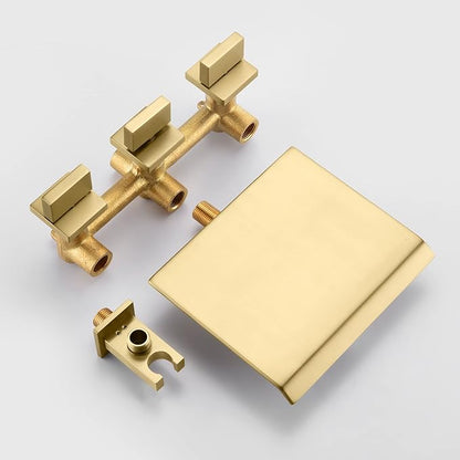 SUMERAIN Wall Mounted Bathtub Faucet with Handheld Shower, Waterfall Tub Faucet Filler Brushed Gold Finish, with Rough in Valve