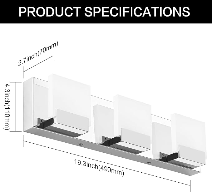 Chrome Bathroom Vanity Lights - 3 Light Modern Bathroom Light Fixtures - LED Vanity Lighting Fixtures 6000K Cool Whtie