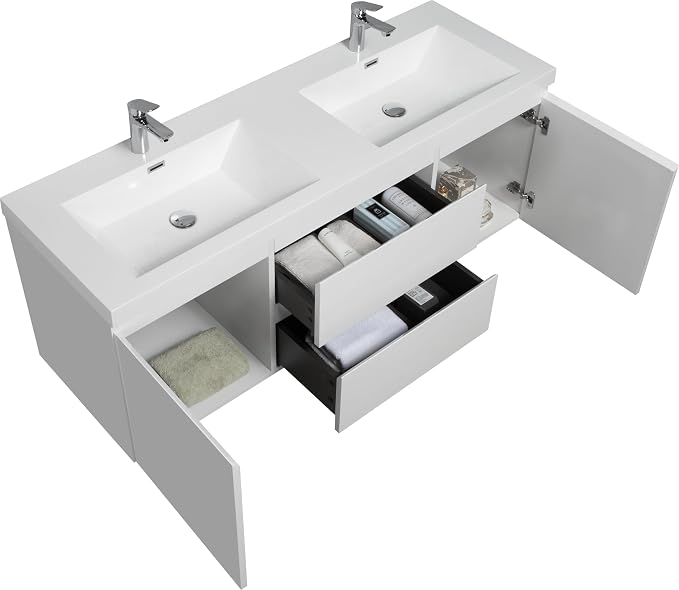 60 Inch Floating Bathroom Vanity with Double Sink, Large Storage Wall Mounted Floating Vanity with Soft Close Drawers, One-Piece Basin Bathroom Sink Cabinet (Glossy White, 60" Double Sink)