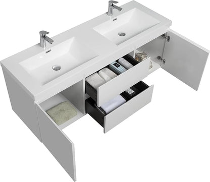 60 Inch Floating Bathroom Vanity with Double Sink, Large Storage Wall Mounted Floating Vanity with Soft Close Drawers, One-Piece Basin Bathroom Sink Cabinet (Glossy White, 60" Double Sink)