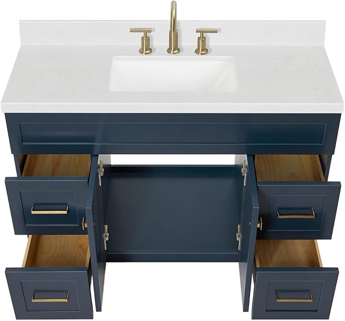 Bradford 48-Inch Bathroom Vanity with Sink — Midnight Blue Single Sink Bathroom Vanity, 1.5" Edge Carrara White Quartz Countertop, Solid Wood, 2 Soft-Close Doors, 4 Full Extension Dovetail Drawers