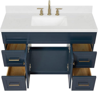 Bradford 48-Inch Bathroom Vanity with Sink — Midnight Blue Single Sink Bathroom Vanity, 1.5" Edge Carrara White Quartz Countertop, Solid Wood, 2 Soft-Close Doors, 4 Full Extension Dovetail Drawers